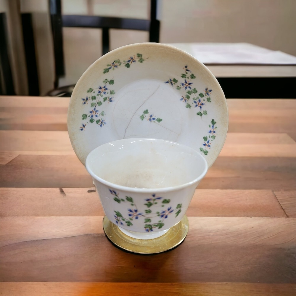 Antique English Porcelain Sprig Tea Cup Bowl and Saucer Green Blue Handleless